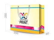 заказать печать Бумажный пакет тираж 500 штук горизонтальный, А4 формата , размер 350х250х90 мм, бумага 200 г/м² + с ламинацией, установка люверсов и ручки-шнурка